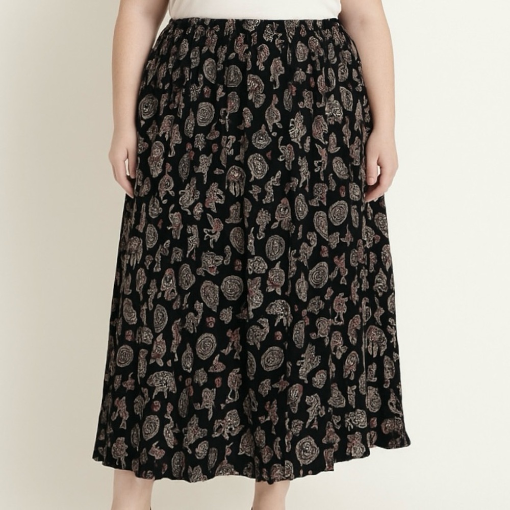Vintage Sun River Black Kokopelli Western Boho Maxi Skirt Plus 1X Crinkle Rayon